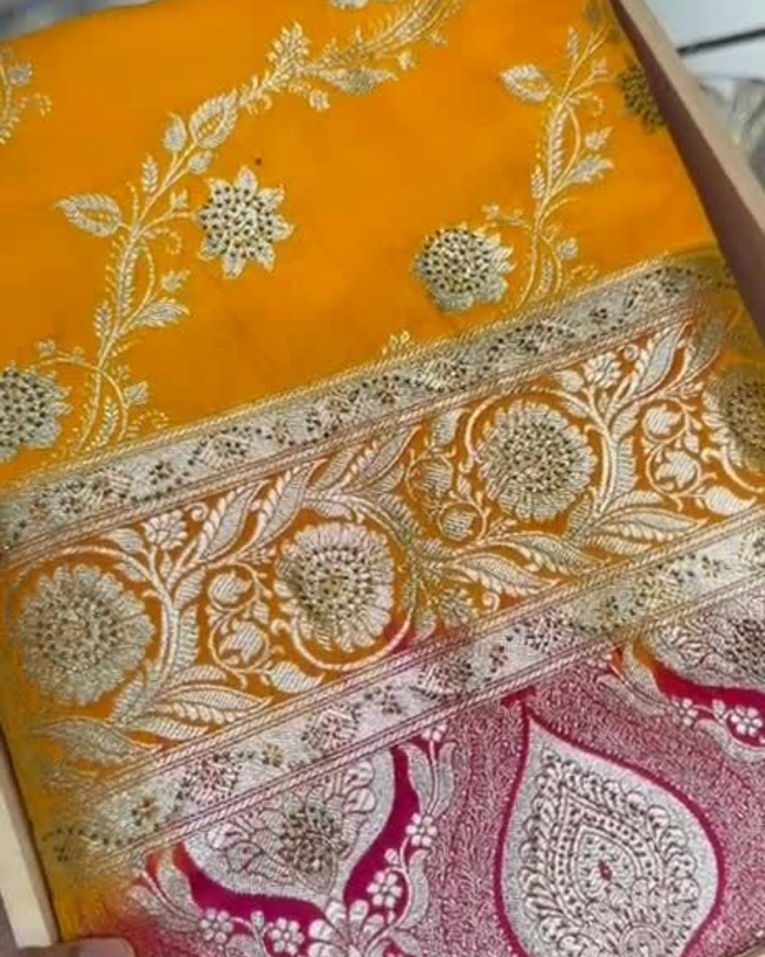 Rajwada Mango & Rani Pink Designer Saree