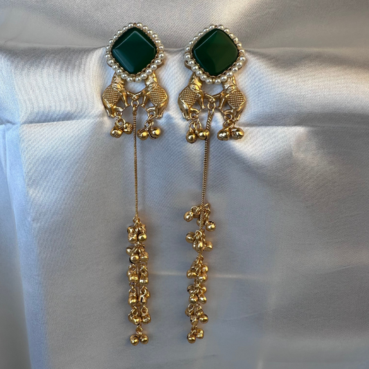 Kashmiri Brass Ghungroo Long Earring Green