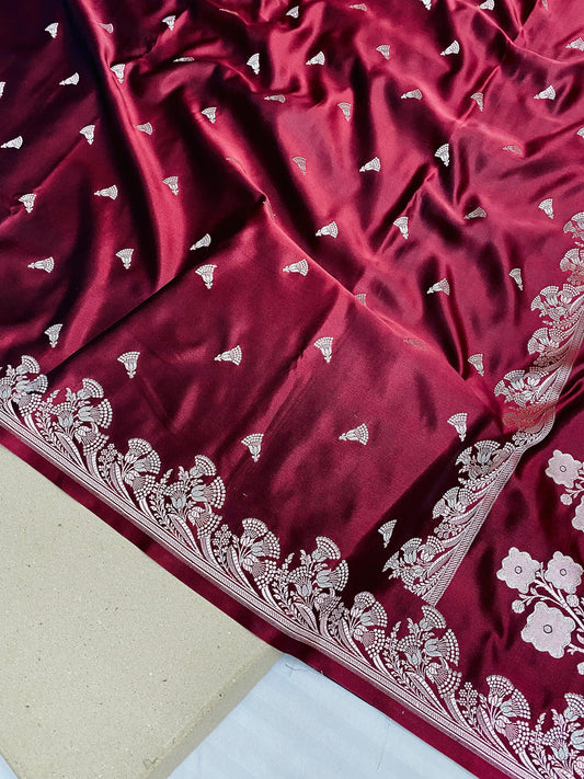 Wine Maroon Banarasi Soft Mashru Katan Silk Saree with Silver Zari Floral Border
