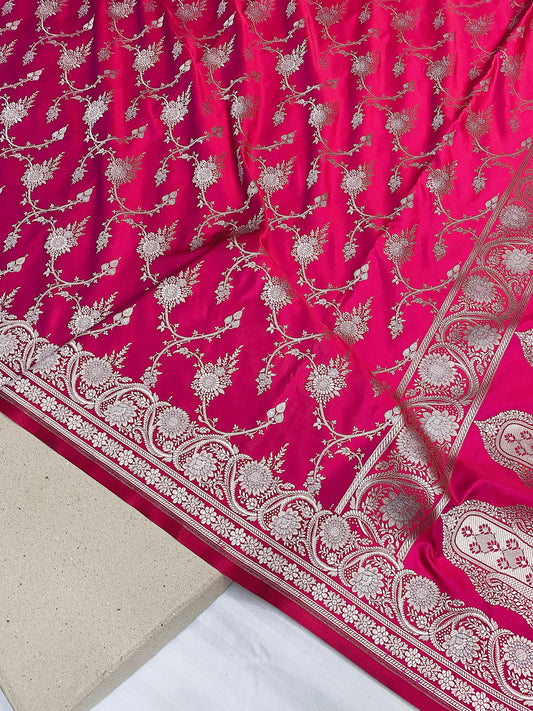 Rani Pink Banarasi Soft Mashru Katan Silk Saree with Floral Jaal - Baranashe - Rani Pink Banarasi Soft Mashru Katan Silk Saree with Floral Jaal