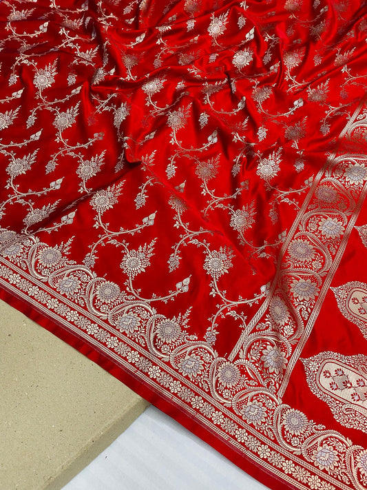 Red Banarasi Soft Mashru Katan Silk Saree with Silver Zari Jaal - Baranashe - Red Banarasi Soft Mashru Katan Silk Saree with Silver Zari Jaal