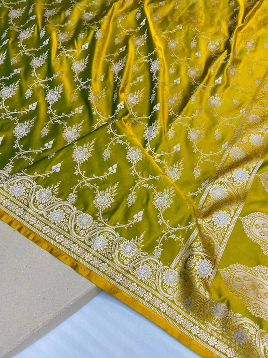 Lime Yellow Banarasi Soft Mashru Katan Silk Saree - Baranashe - Lime Yellow Banarasi Soft Mashru Katan Silk Saree
