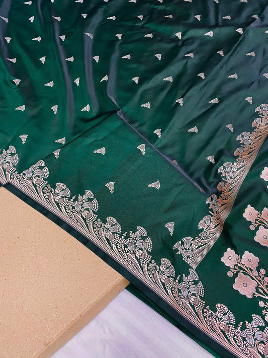 Emerald Green Banarasi Mashru Soft Silk Saree with Silver Zari Floral Border - Baranashe - Emerald Green Banarasi Mashru Soft Silk Saree with Silver Zari Floral Border