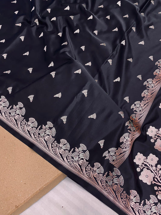 Classic Black Banarasi Mashru Soft Silk Saree with Silver Zari Buti & Floral Border - Baranashe - Classic Black Banarasi Mashru Soft Silk Saree with Silver Zari Buti & Floral Border