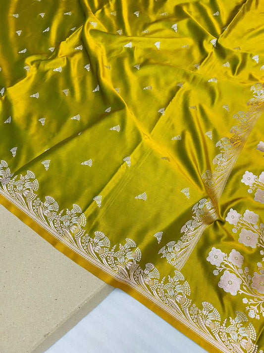 Mustard Yellow Banarasi Mashru Soft Silk Saree with Silver Zari Buti & Floral Border - Baranashe - Mustard Yellow Banarasi Mashru Soft Silk Saree with Silver Zari Buti & Floral Border