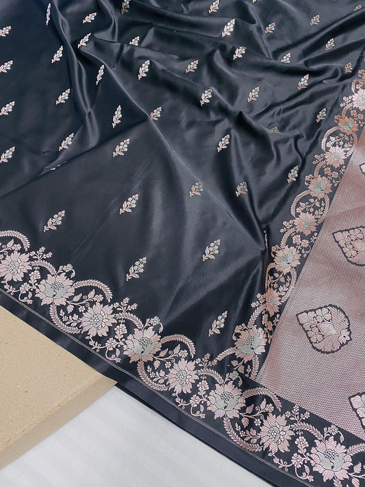Black Banarasi Mashru Soft Silk Saree with Antique Silver Buta & Floral Border - Baranashe - Black Banarasi Mashru Soft Silk Saree with Antique Silver Buta & Floral Border