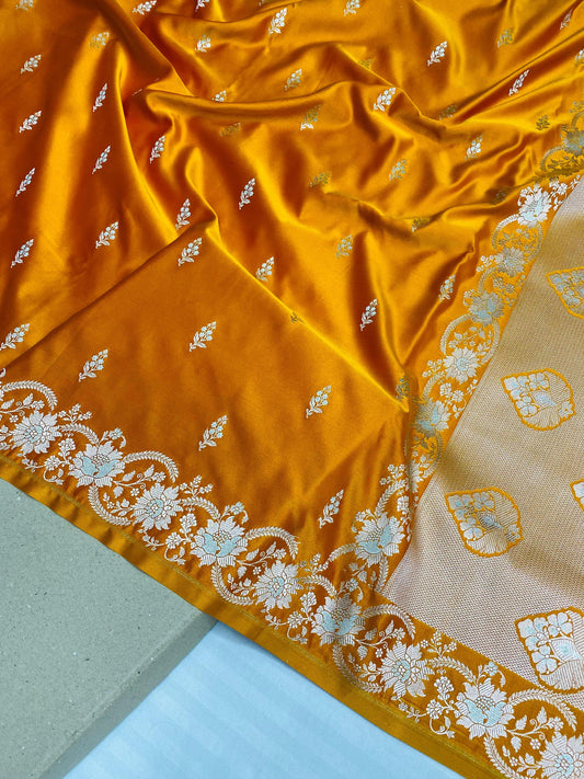 Golden Yellow Banarasi Mashru Soft Silk Saree with Silver Zari Buta & Floral Border - Baranashe - Golden Yellow Banarasi Mashru Soft Silk Saree with Silver Zari Buta & Floral Border