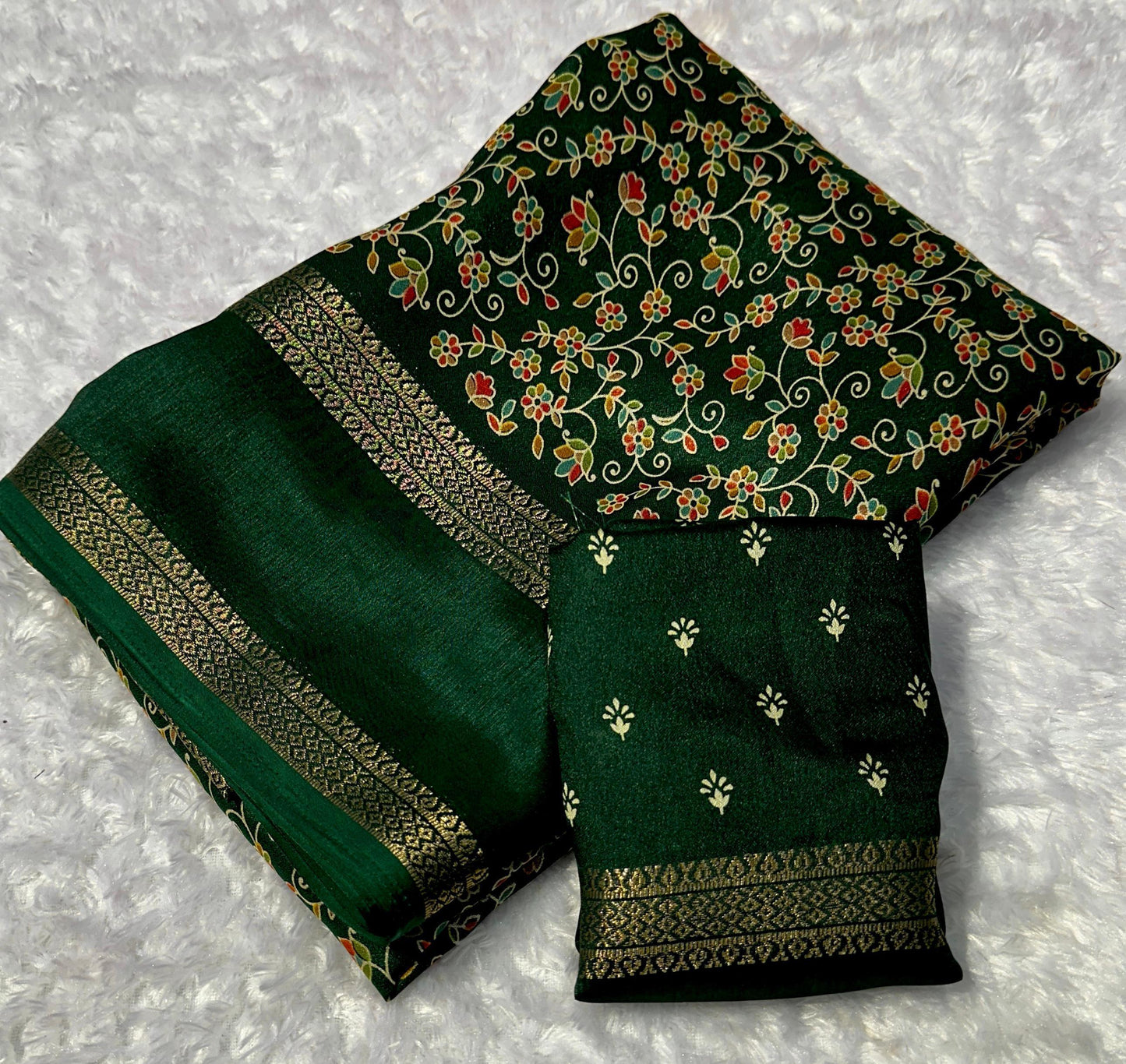 Dark Green Floral Printed Georgette Saree with Woven Gold Zari Border - Baranashe - Dark Green Floral Printed Georgette Saree with Woven Gold Zari Border
