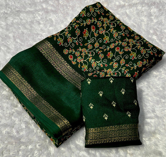 Dark Green Floral Printed Georgette Saree with Woven Gold Zari Border - Baranashe - Dark Green Floral Printed Georgette Saree with Woven Gold Zari Border
