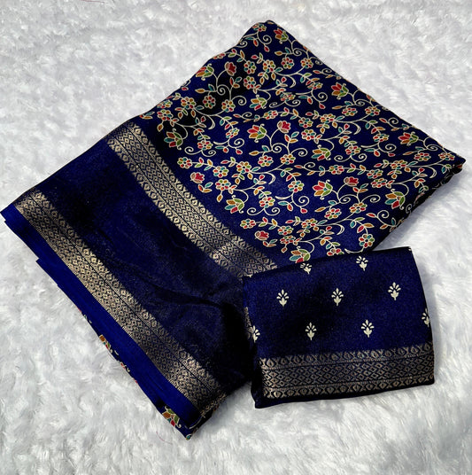 Navy Blue Floral Banarasi Saree with Gold Zari Border - Baranashe - Navy Blue Floral Banarasi Saree with Gold Zari Border