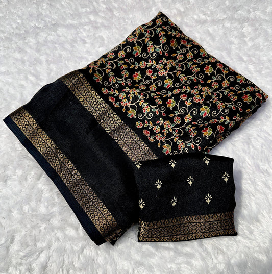 Classic Black Floral Premium Georgette Saree - Baranashe - Classic Black Floral Premium Georgette Saree