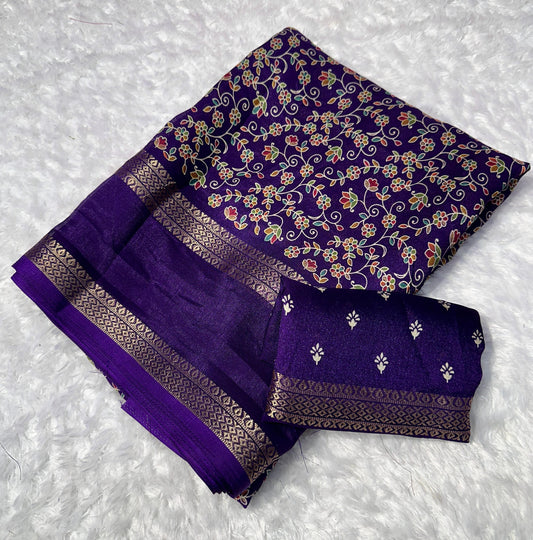 Royal Purple Floral Premium Georgette Saree with Zari Border - Baranashe - Royal Purple Floral Premium Georgette Saree with Zari Border