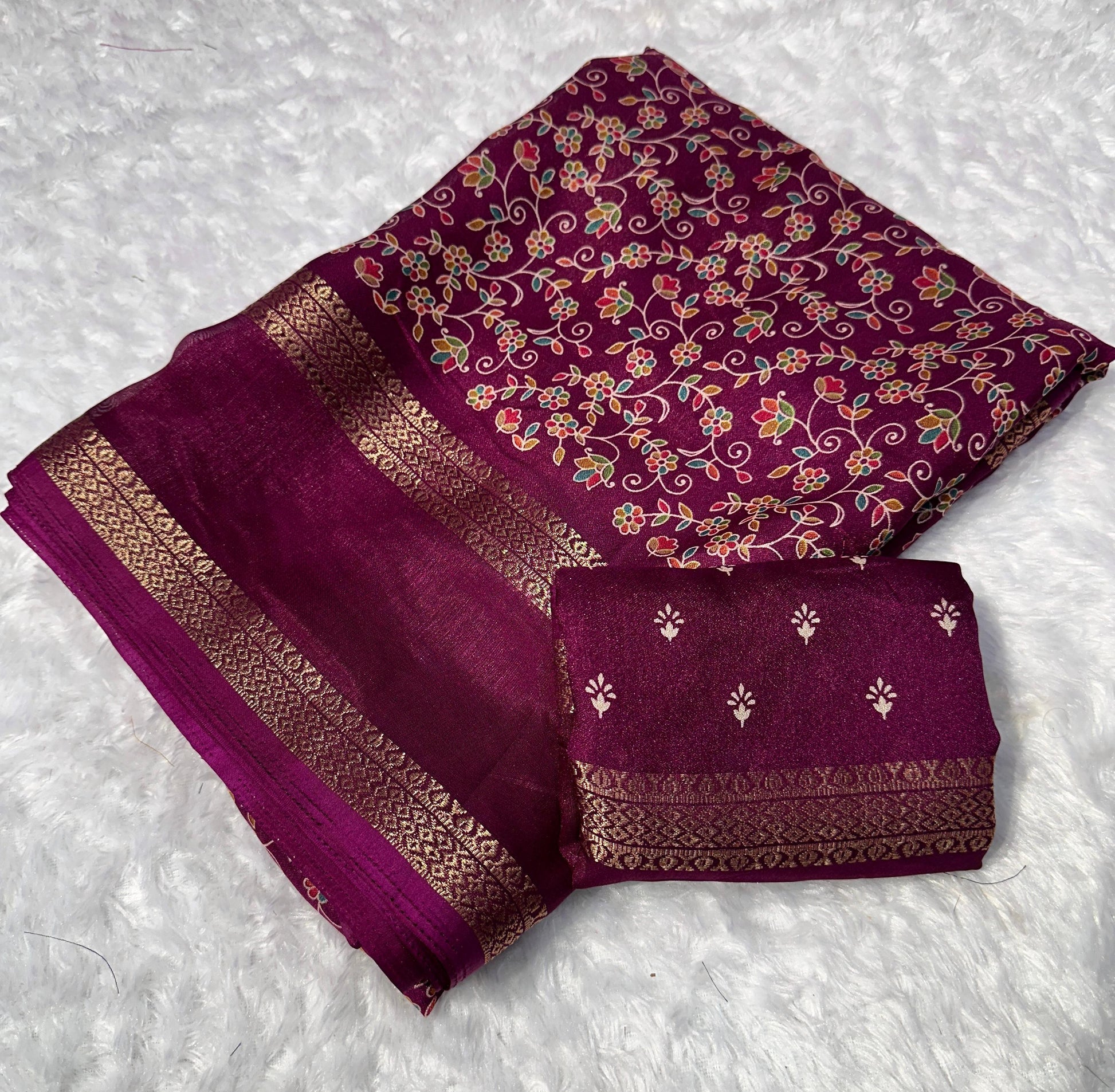 Wine Maroon Floral Premium Georgette Saree with Zari Border - Baranashe - Wine Maroon Floral Premium Georgette Saree with Zari Border