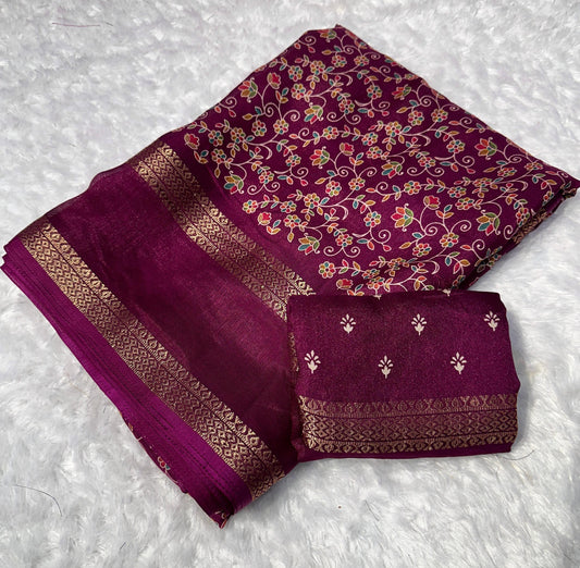 Wine Maroon Floral Premium Georgette Saree with Zari Border - Baranashe - Wine Maroon Floral Premium Georgette Saree with Zari Border