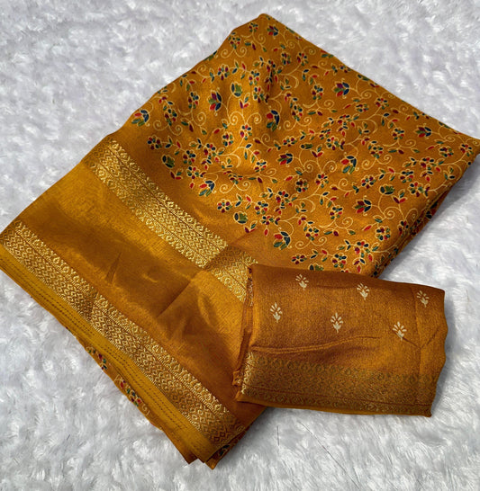 Premium Floral Georgette Saree in Honey Mustard - Baranashe - Premium Floral Georgette Saree in Honey Mustard