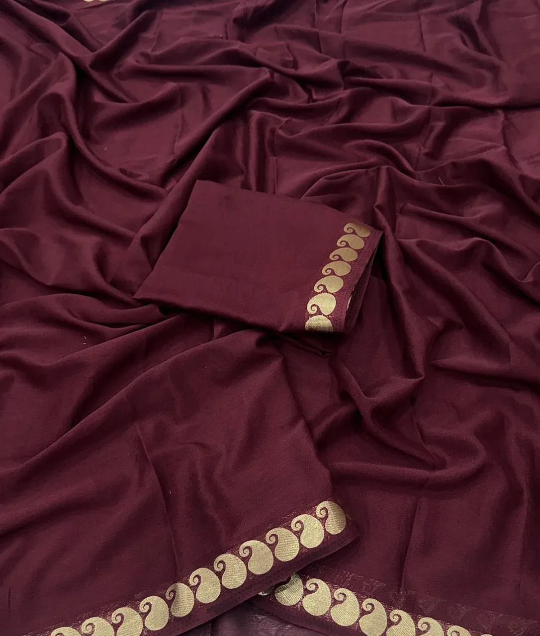 Wine Maroon Viscose Crepe Georgette Chit Pallu Saree