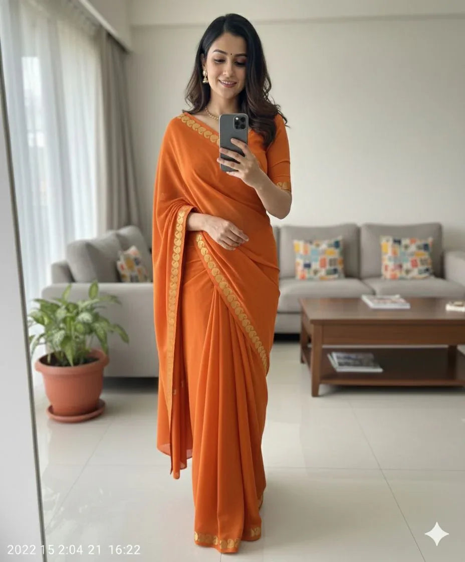 Orange Crepe Georgette Chit Pallu Saree