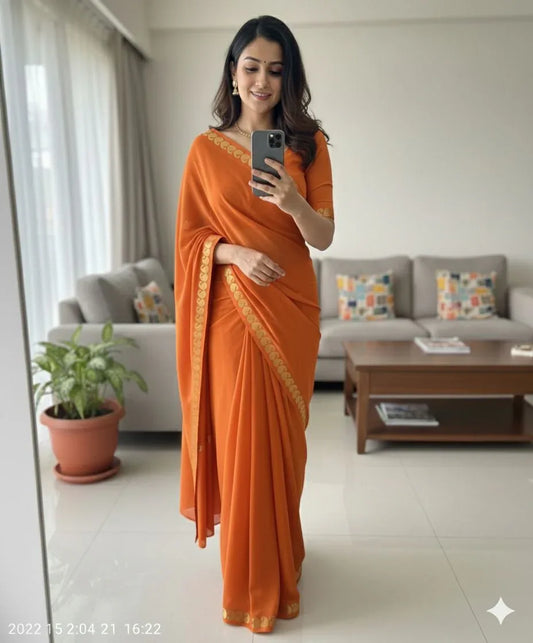 Orange Crepe Georgette Chit Pallu Saree - Baranashe - Orange Crepe Georgette Chit Pallu Saree