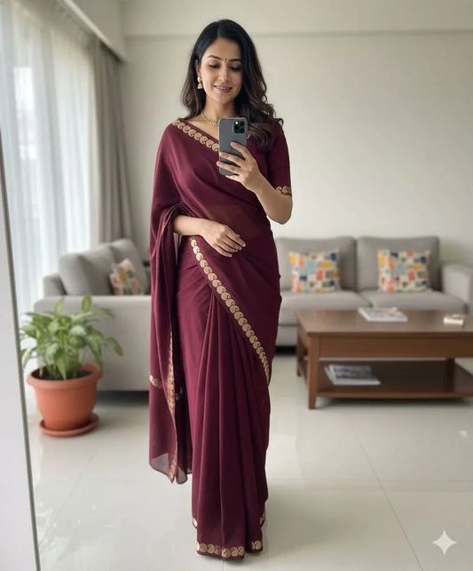 Wine Maroon Viscose Crepe Georgette Chit Pallu Saree - Baranashe - Wine Maroon Viscose Crepe Georgette Chit Pallu Saree
