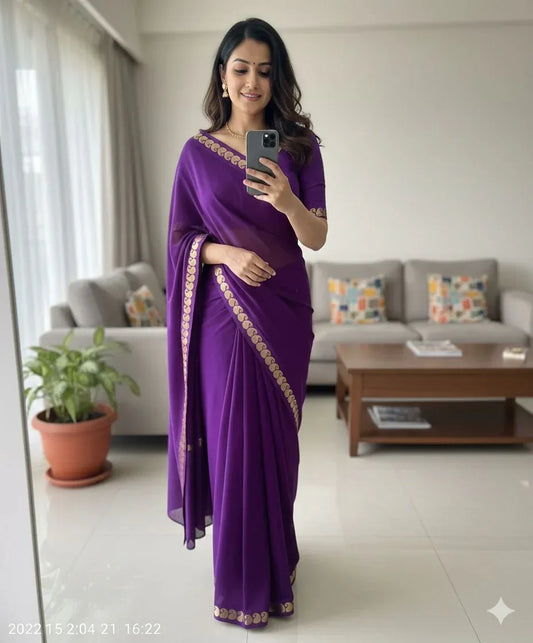 Royal Purple Viscose Crepe Georgette Saree - Baranashe - Royal Purple Viscose Crepe Georgette Saree
