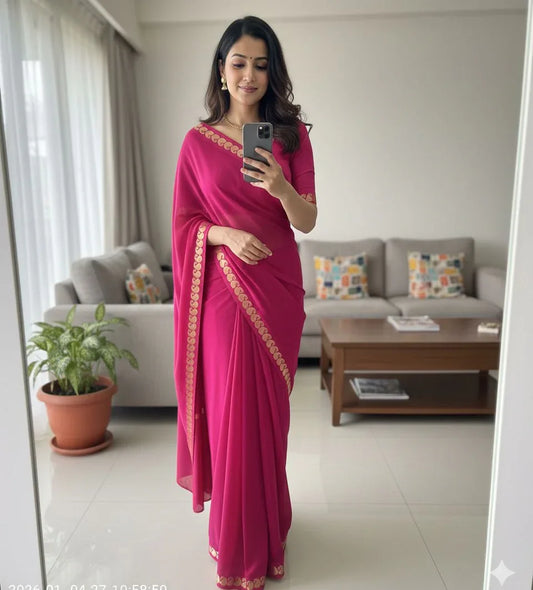 Magenta Pink Viscose Crepe Georgette Saree with Chit Pallu Border - Baranashe - Magenta Pink Viscose Crepe Georgette Saree with Chit Pallu Border