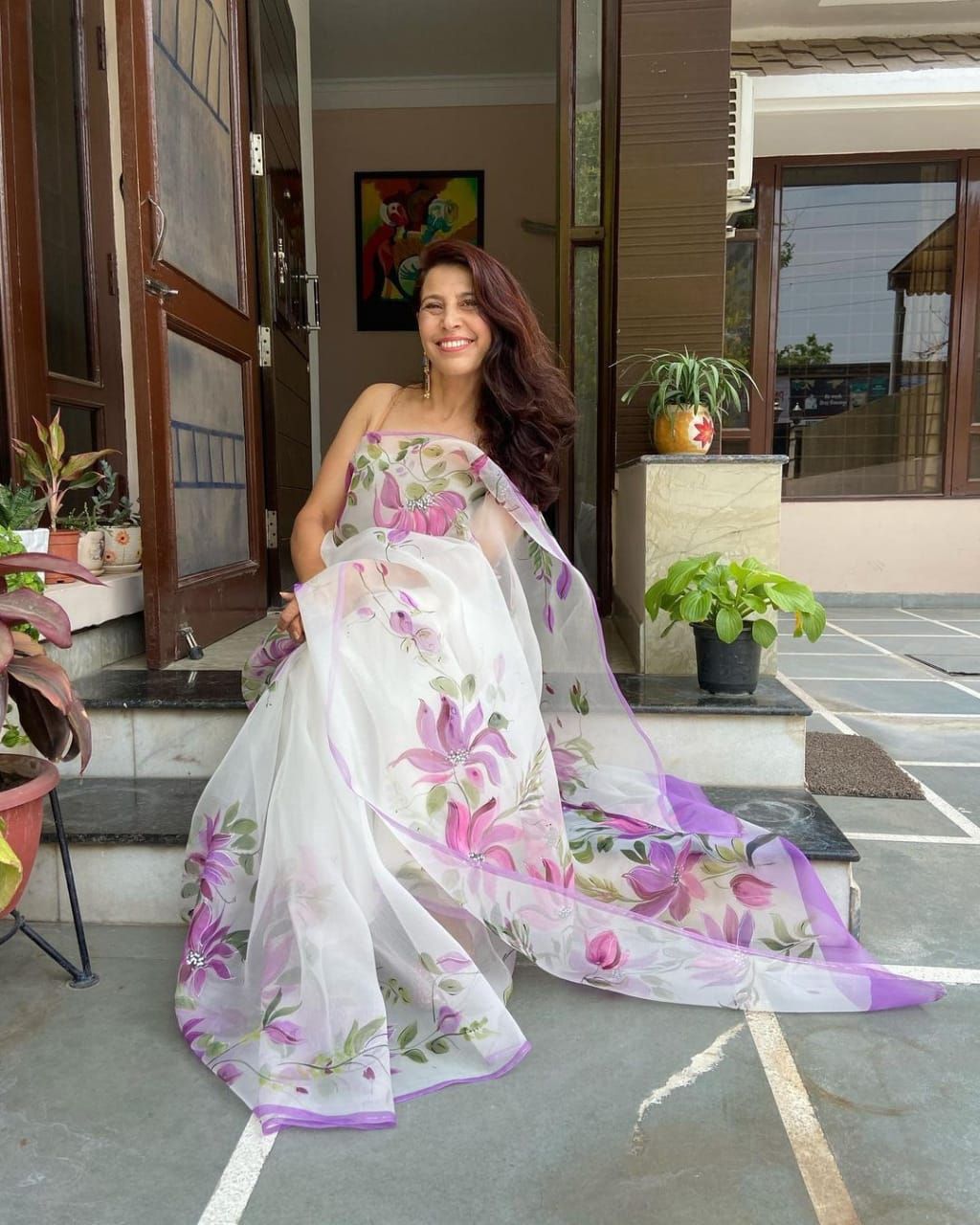 White Organza Silk Saree with Pink & Lavender Floral Motifs