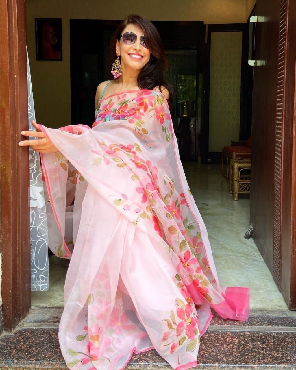 White Organza Silk Saree with Pink Digital Floral Print