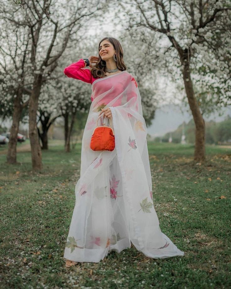 White Organza Silk Saree with Rich Leaf Digital Print