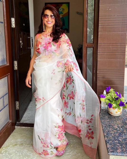 White Organza Silk Saree with Pink Digital Floral Print