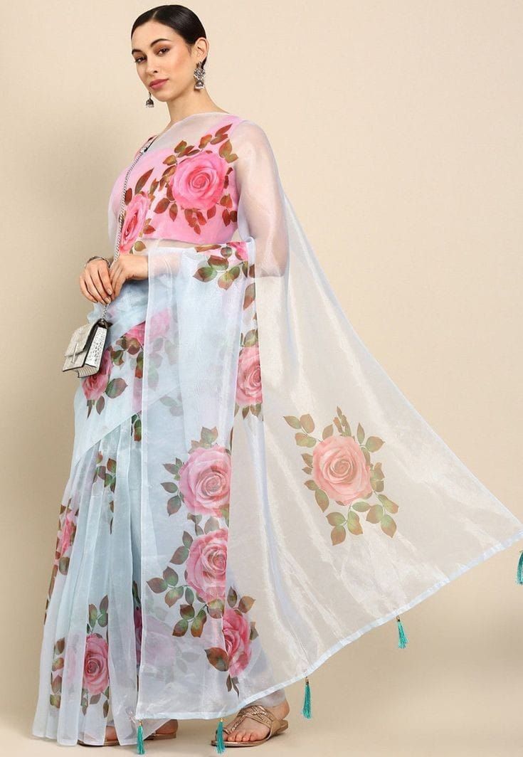 White Organza Silk Saree with Rich Rose Digital Floral Print