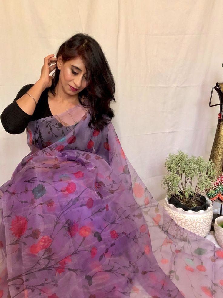 Lavender Organza Silk Saree with Rich Digital Floral Print
