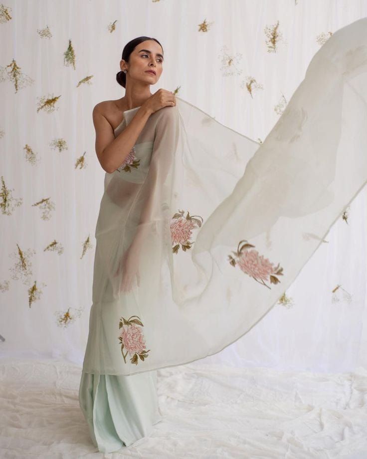 Ivory White Organza Silk Saree with Elegant Floral Digital Print