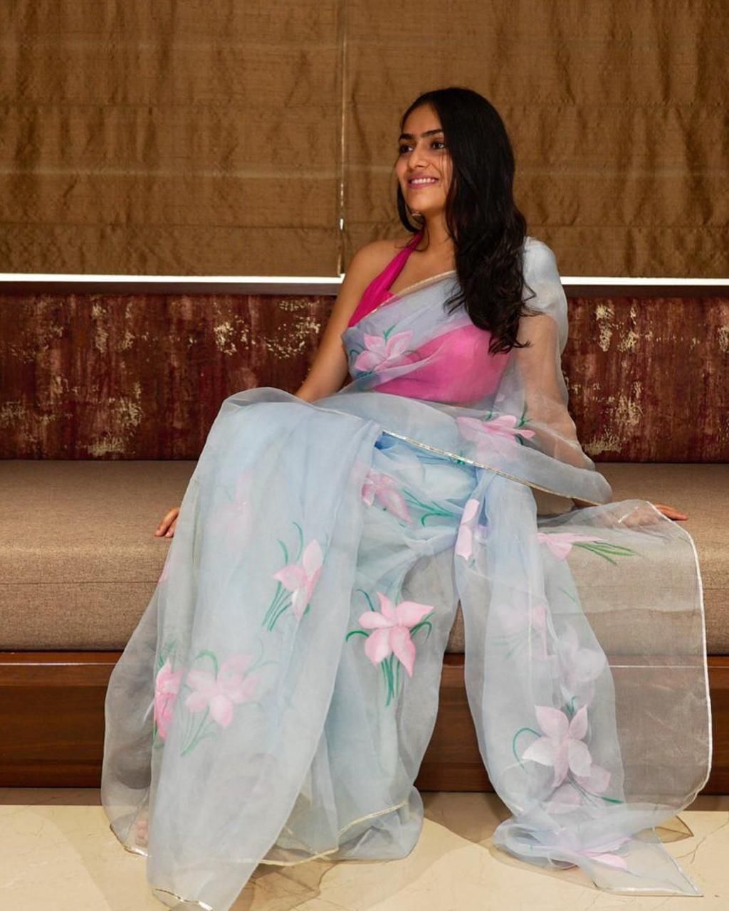 Sky Blue Organza Silk Saree with Pink Floral Digital Print