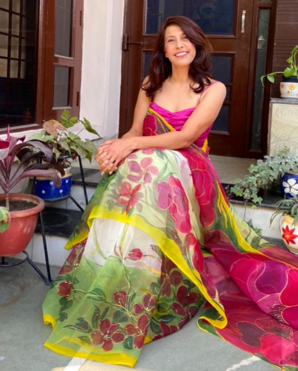 Multicolor Floral Organza Silk Saree with Rani Pink Accents