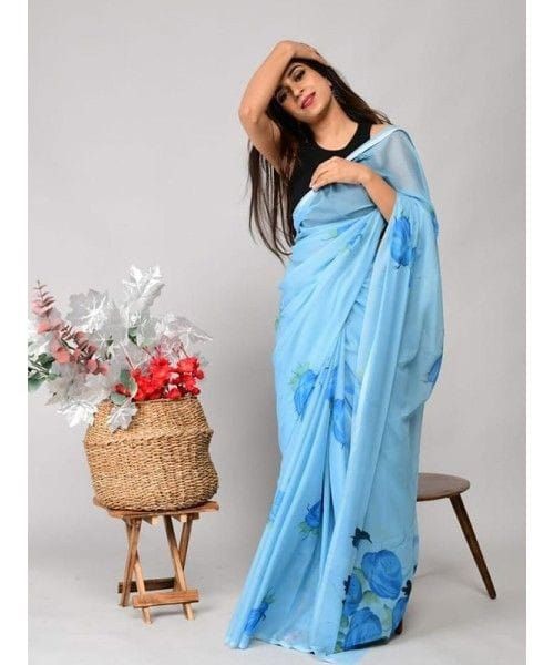 Sky Blue Organza Silk Saree with Royal Blue Floral Digital Print