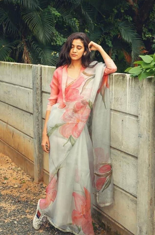 Ash Grey Organza Silk Saree with Coral Digital Floral Print