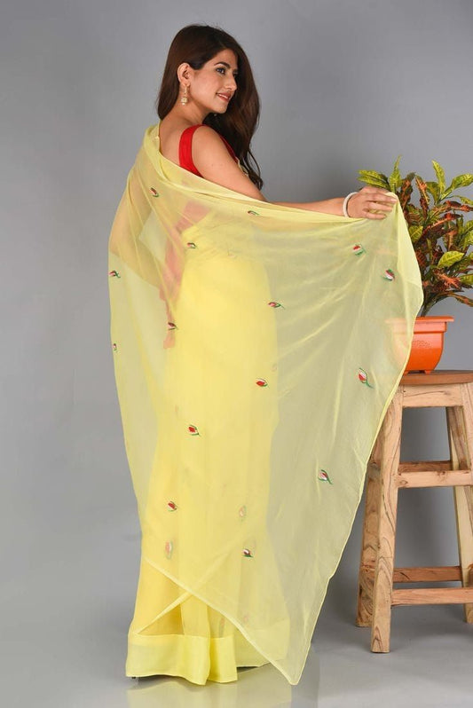 Lemon Zest Organza Silk Saree with Crimson Floral Embroidery