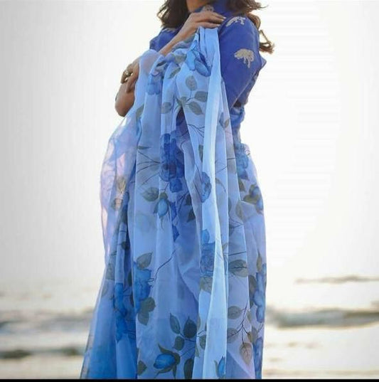 Sky Blue Organza Silk Saree with Royal Rose Accents
