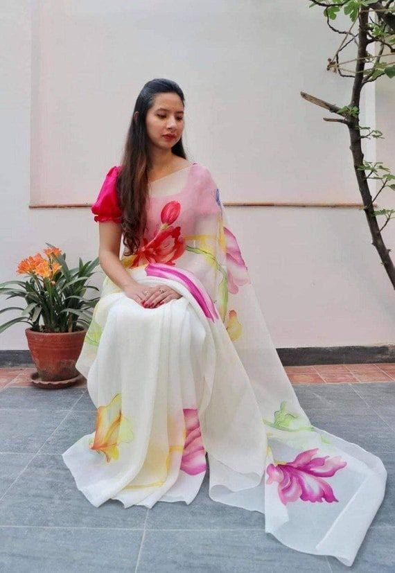 White Organza Silk Saree with Rich Multicolor Floral Digital Print