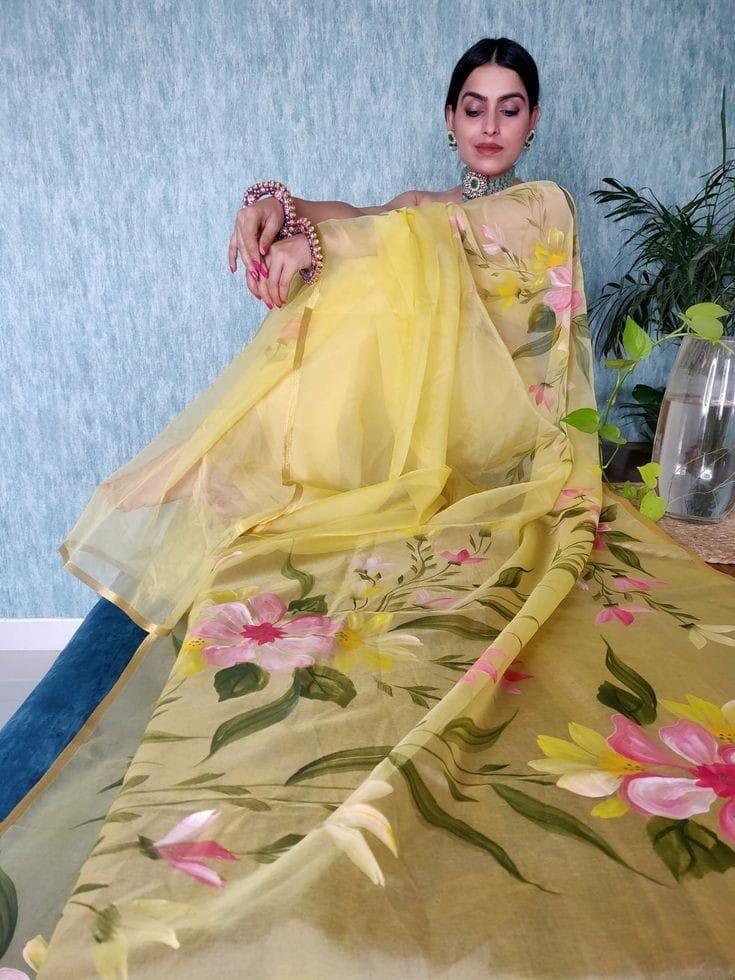 Yellow Floral Digital Print Organza Silk Saree