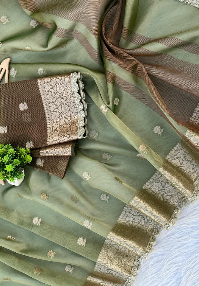 Green Soft Tissue Saree with Zari Buti & Rich Woven Border