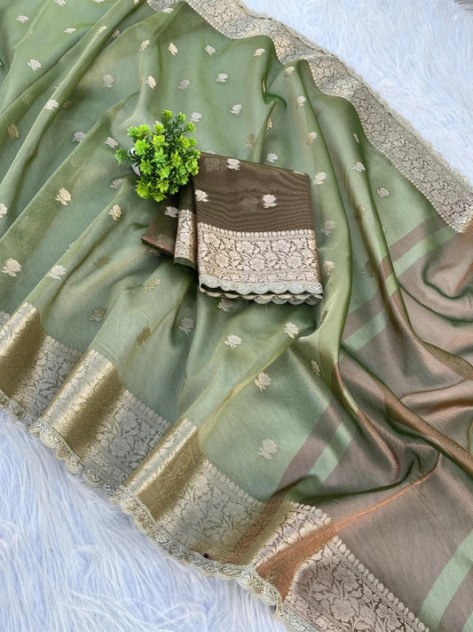 Green Soft Tissue Saree with Zari Buti & Rich Woven Border