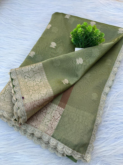 Green Soft Tissue Saree with Zari Buti & Rich Woven Border