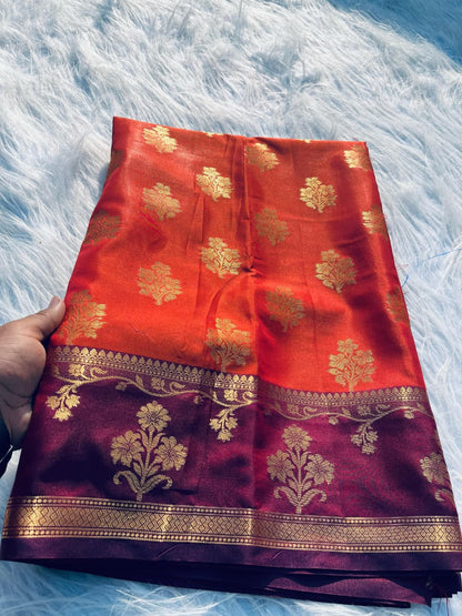 Rusty Orange Soft Silk Banarasi Saree with Double Zari Buta Design