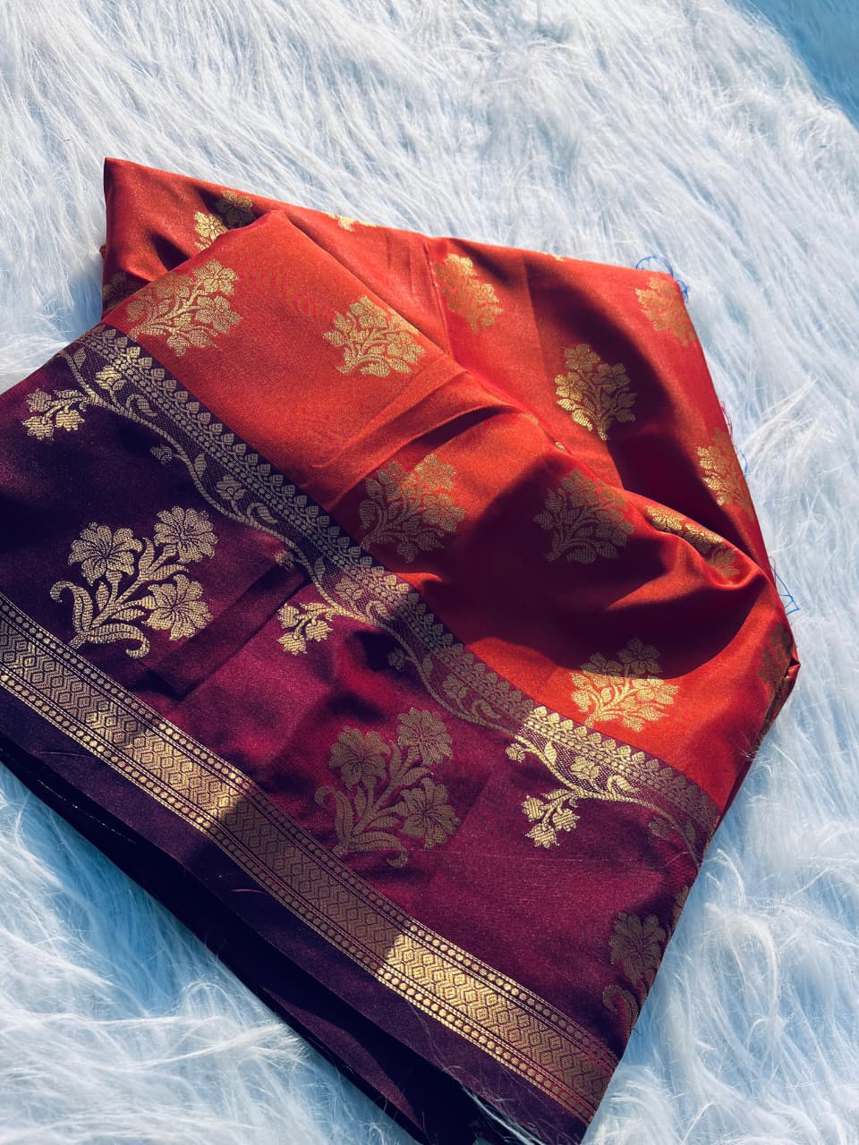 Rusty Orange Soft Silk Banarasi Saree with Double Zari Buta Design