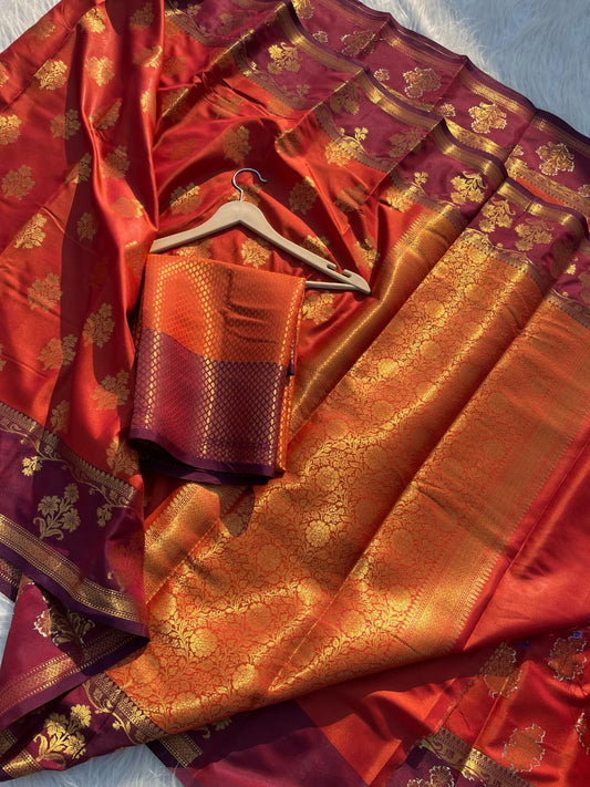 Rusty Orange Soft Silk Banarasi Saree with Double Zari Buta Design