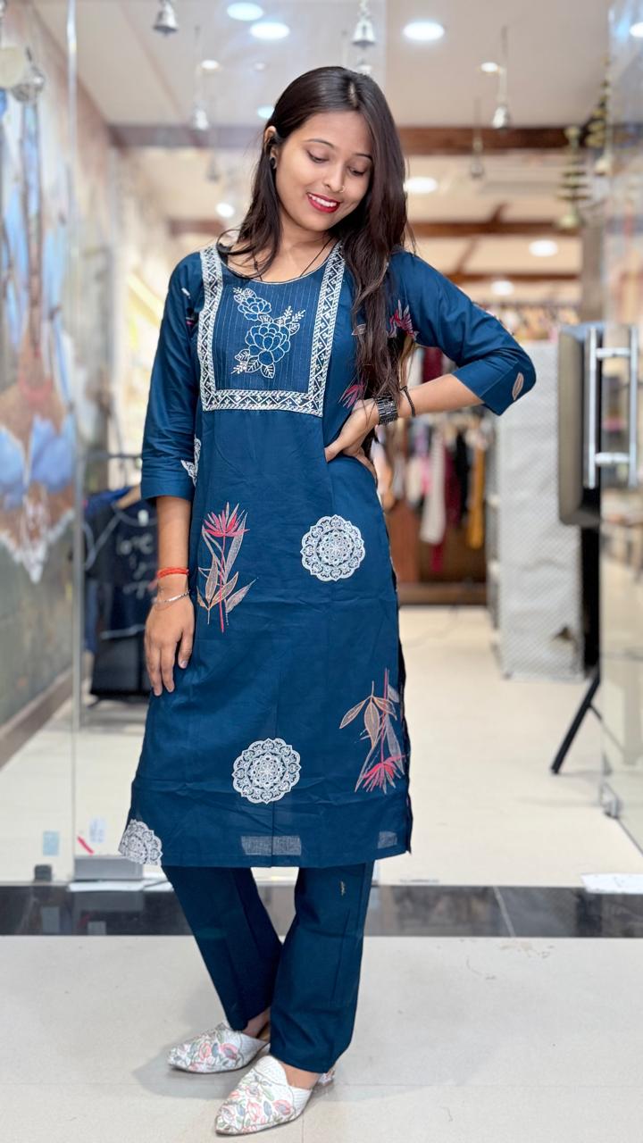Royal Teal Floral Motif Kurta & Straight Pant Set