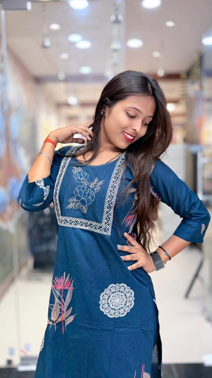 Royal Teal Floral Motif Kurta & Straight Pant Set