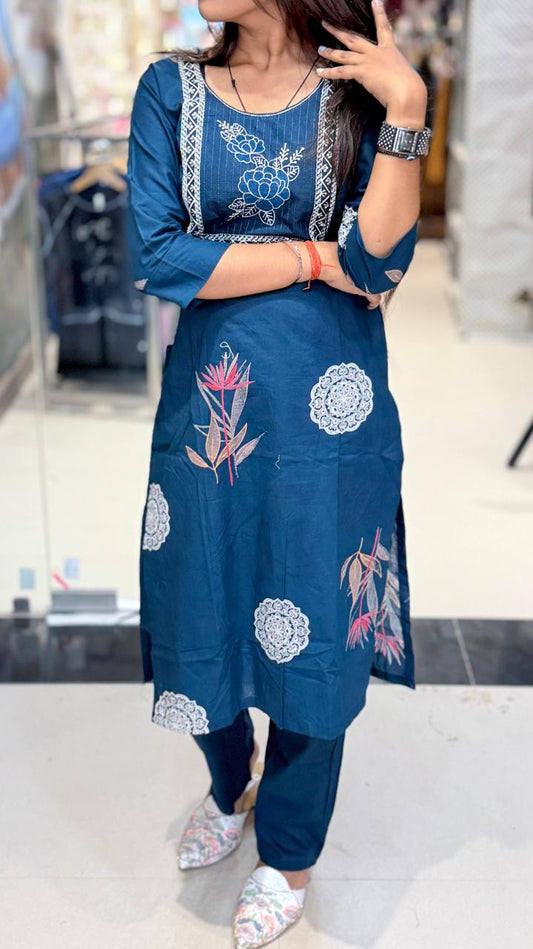 Royal Teal Floral Motif Kurta & Straight Pant Set