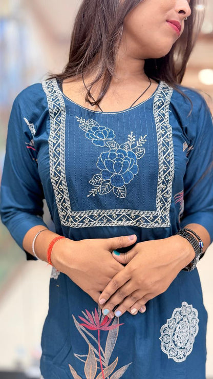 Royal Teal Floral Motif Kurta & Straight Pant Set